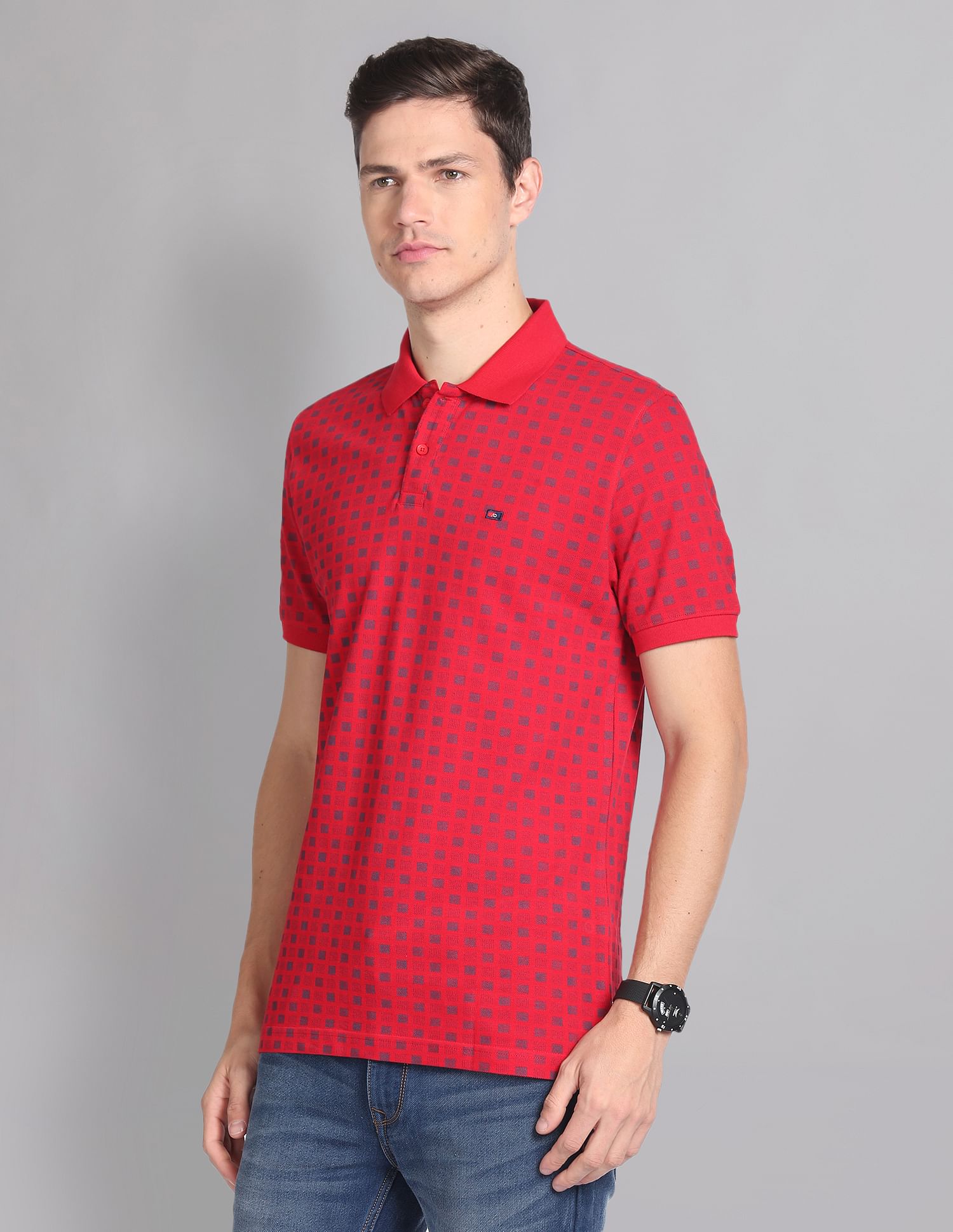 AD by Arvind Geometric Print Cotton Polo Shirt