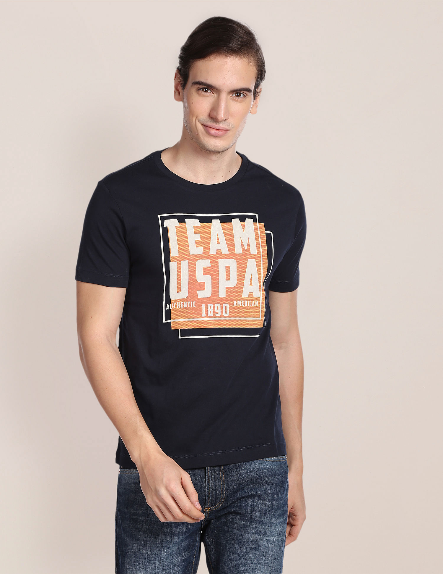 U.S. Polo Assn. Men Navy Brand Printed Cotton T-Shirt