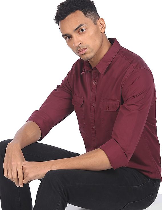 Buy Ruggers Men Burgundy Spread Collar 