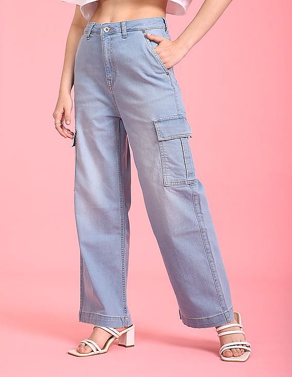 Buy Flying Machine Women High Rise Wide Leg Cargo Jeans 