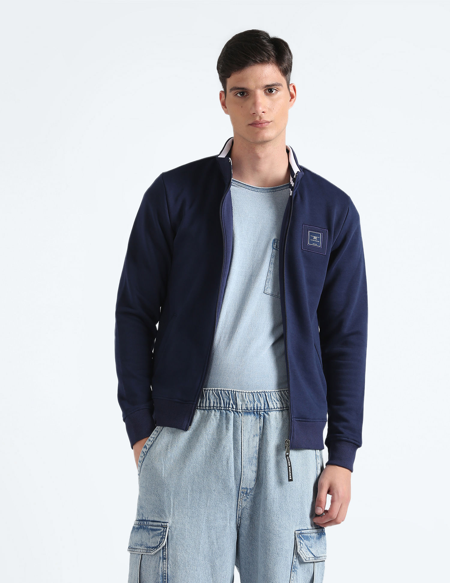 Flying Machine Stand Neck Solid Sweatshirt