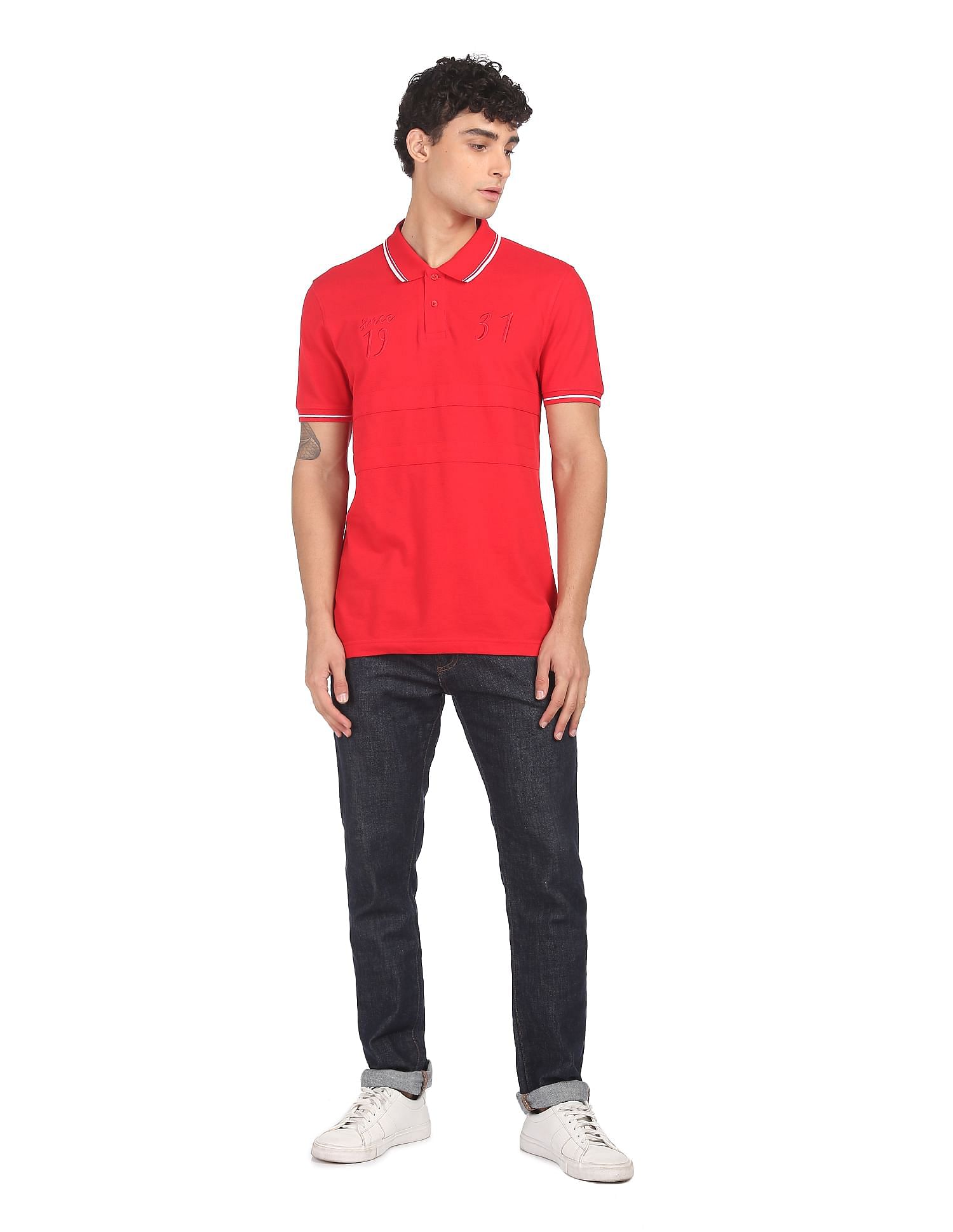 AD by Arvind Cotton Panelled Solid Polo Shirt