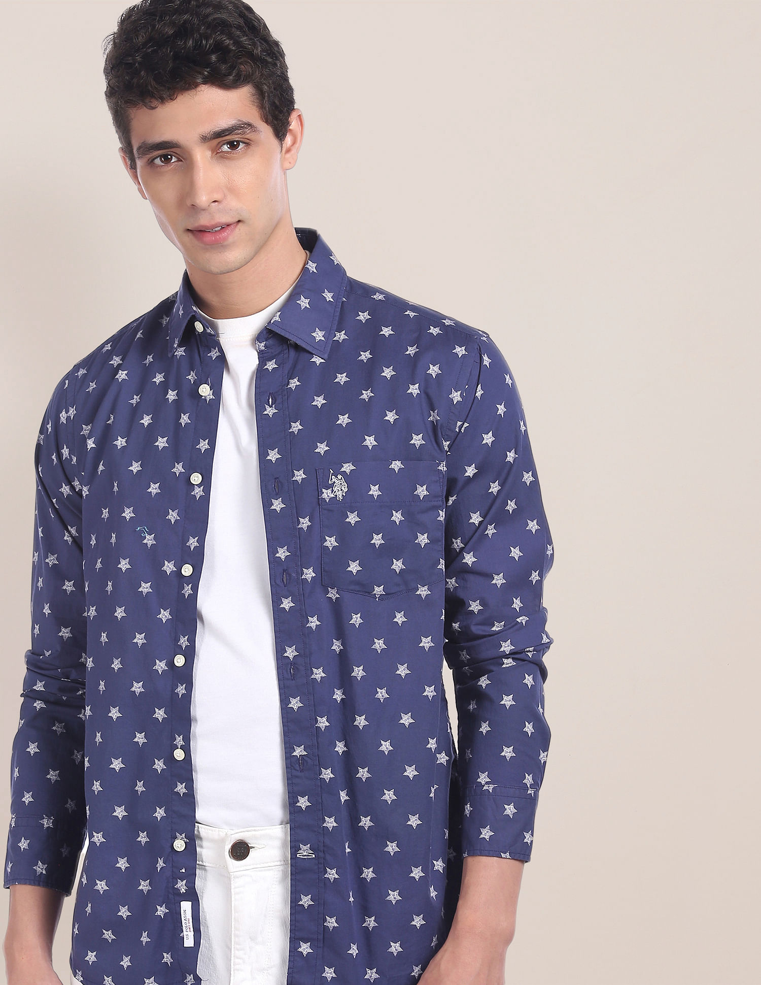 U.S. Polo Assn. Rounded Cuff Star Print Cotton Casual Shirt