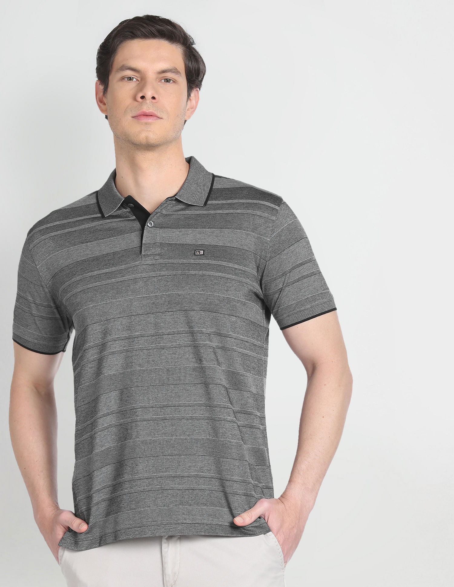 Arrow Sports Ribbed Collar Horizontal Stripe Polo Shirt