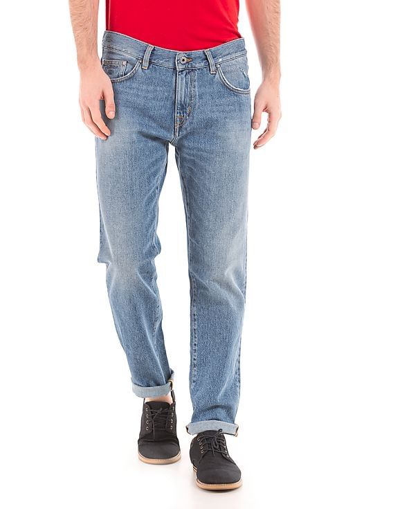 Buy Men Blue low-waist narrow-tapered fit stone-wash jeans online