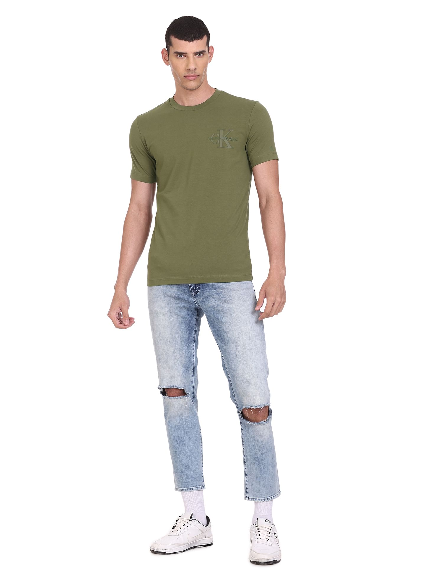 Calvin Klein Men Green Crew Neck Solid Cotton T-Shirt