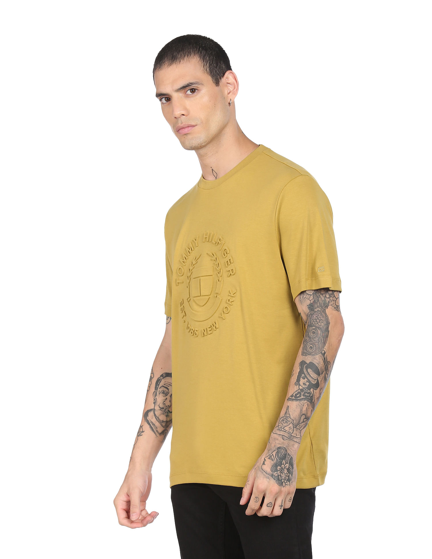 Buy Tommy Hilfiger Men Yellow Embossed Logo Cotton T-Shirt