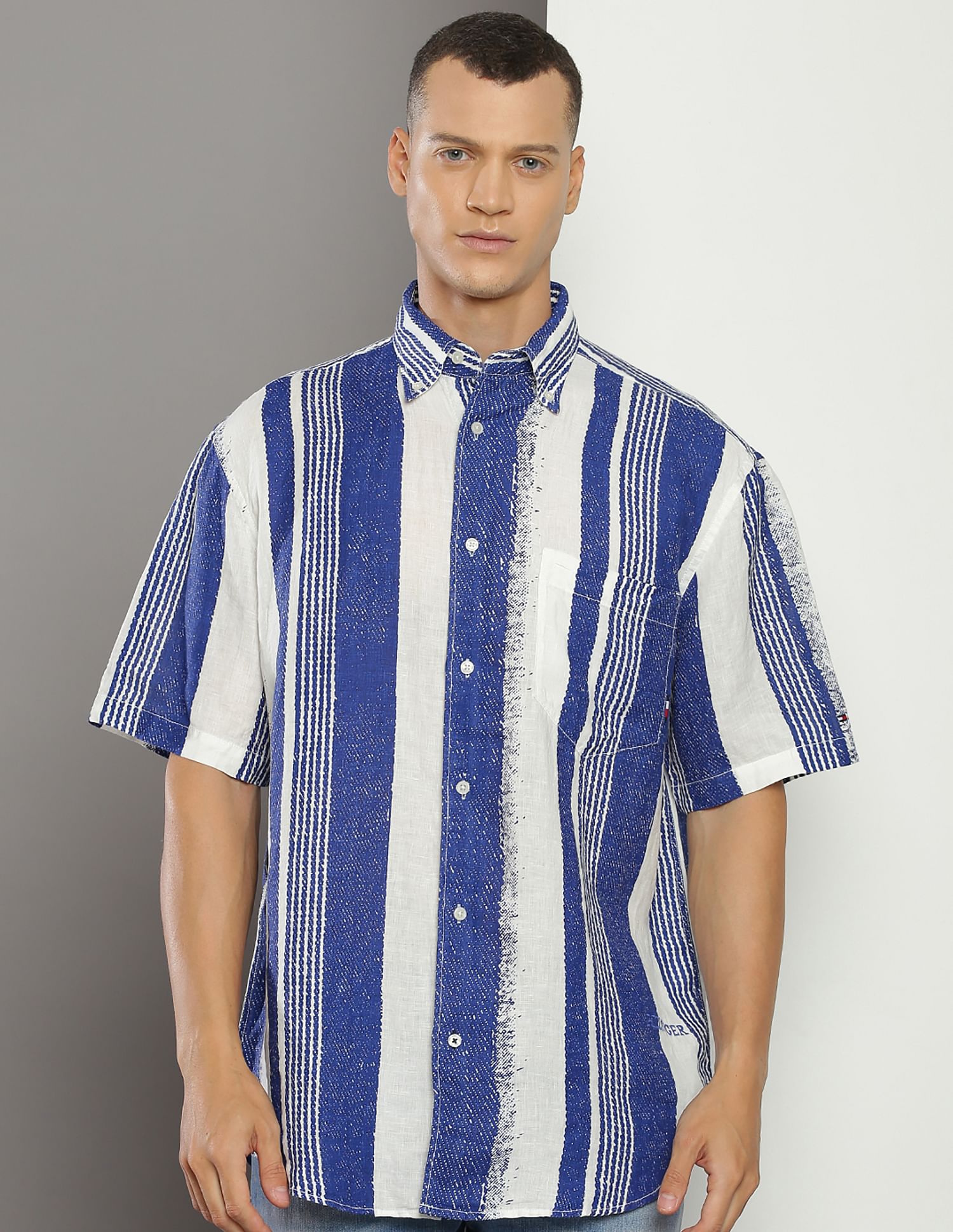 Tommy Hilfiger Hand Painted Stripe Relaxed Fit Linen Shirt