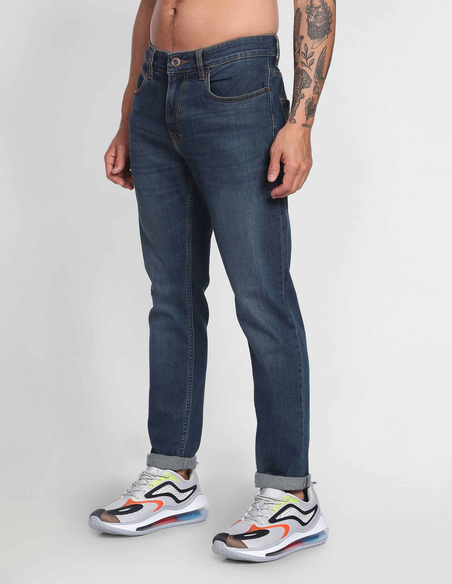 Flying Machine Mid Rise Slash Slim Tapered Jeans