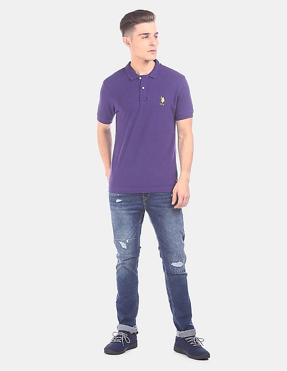 purple polo with jeans