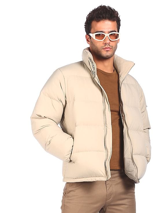 Buy Calvin Klein Men Beige High Neck Solid Quilted Jacket