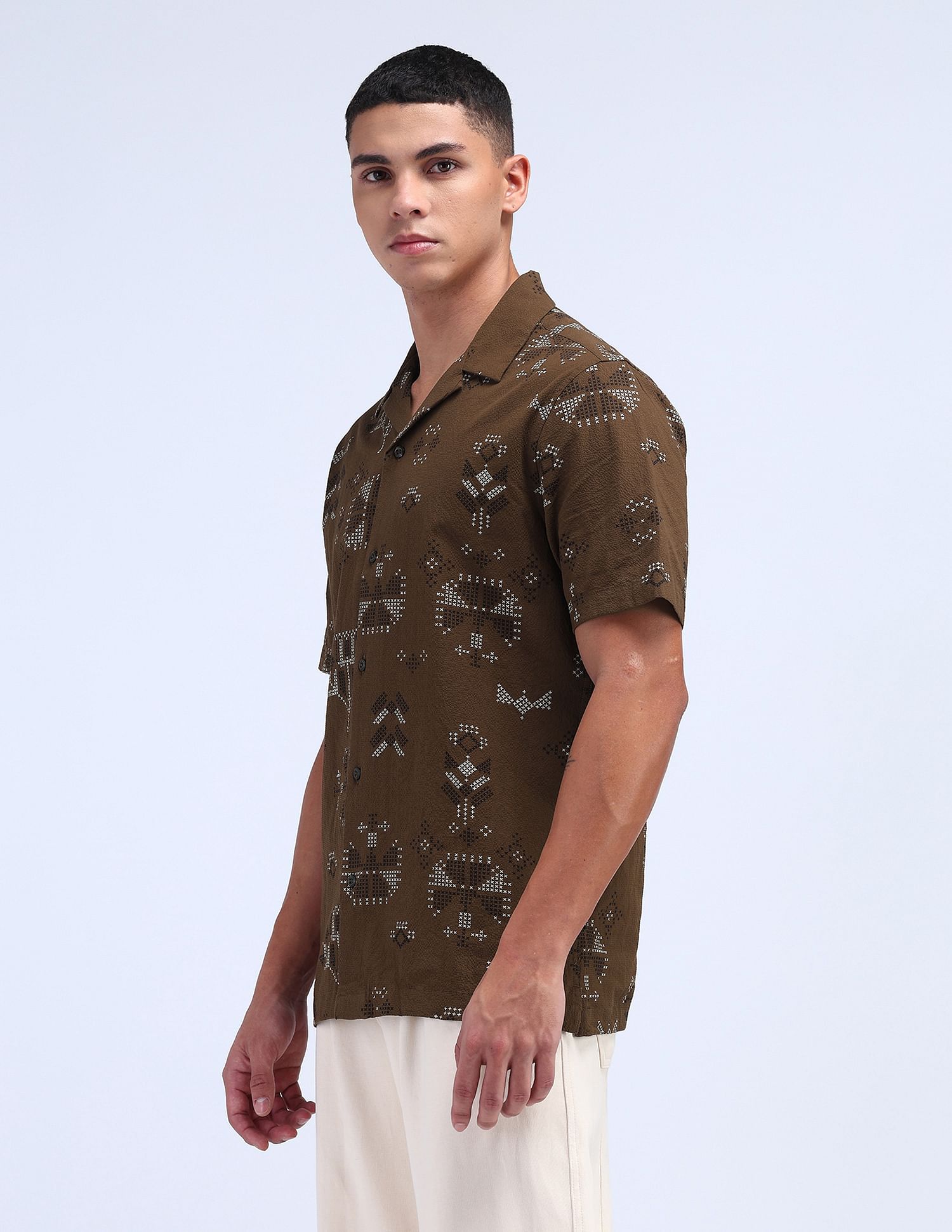 Flying Machine Geometric Print Seersucker Shirt