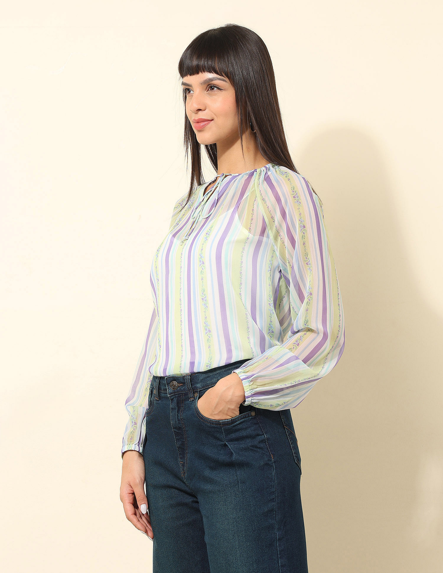 U.S. Polo Assn. Women Chiffon Sheer Vertical Striped Top