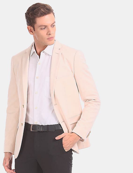 USPA Tailored Men Beige Slim Fit Solid Formal Blazer