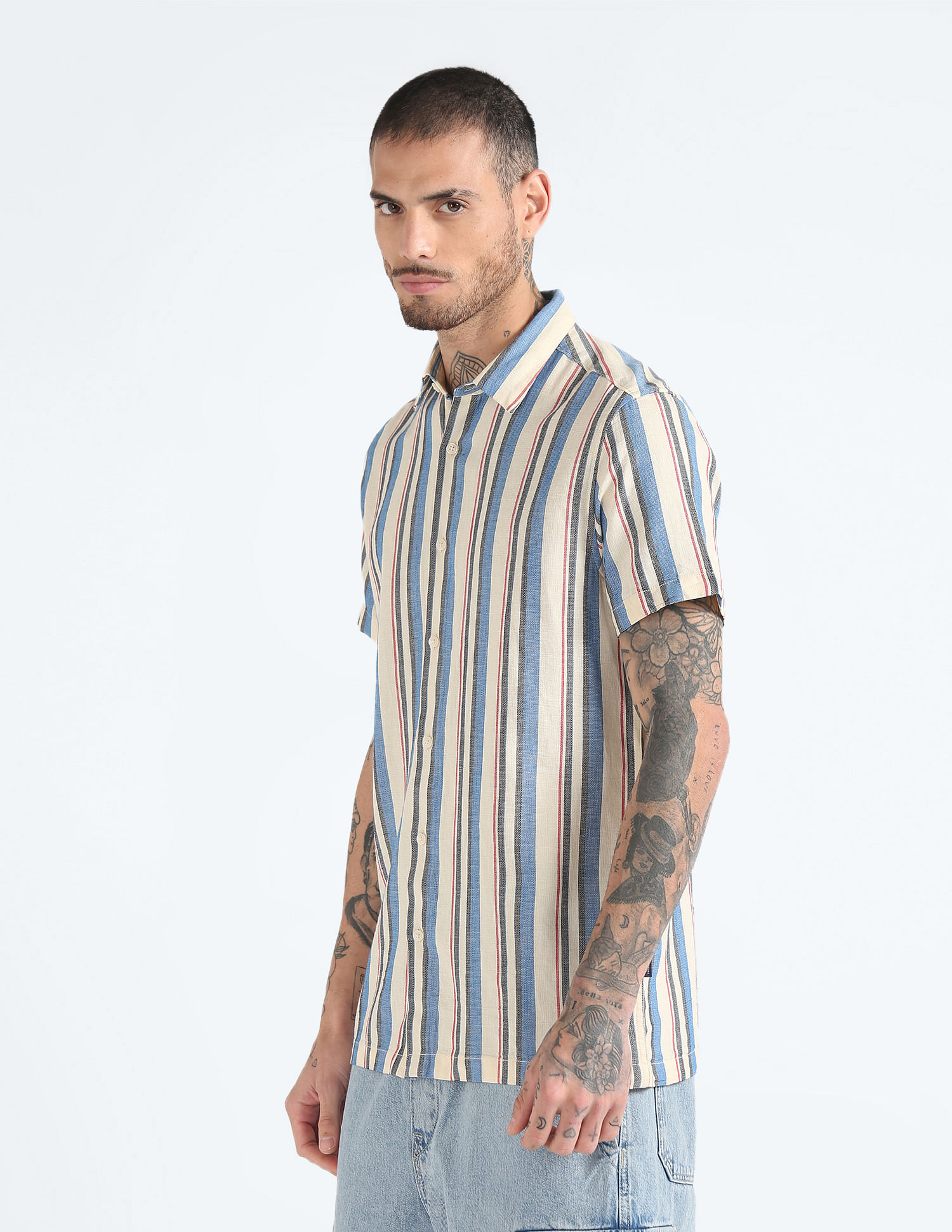 Flying Machine Cotton Slub Striped Shirt