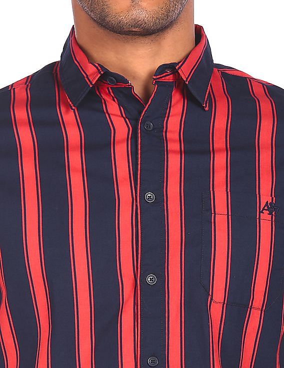Aeropostale Men Dark Blue And Coral Spread Collar Striped Casual Shirt