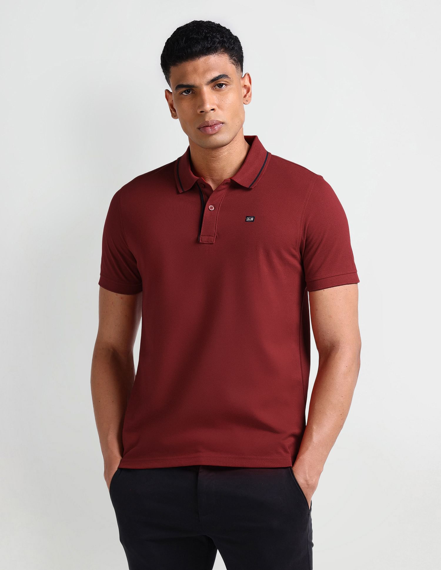 Arrow Sport Striped Collar Solid Polo Shirt