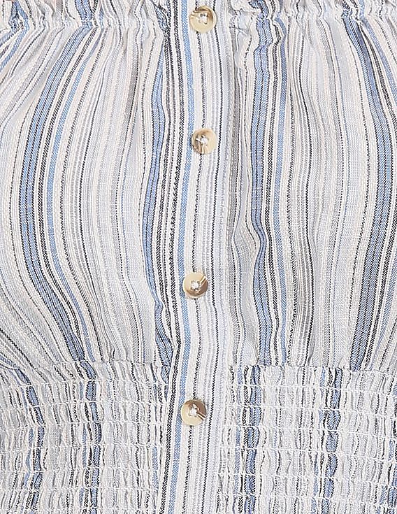 Aeropostale Women Blue And White Striped Off-Shoulder Top