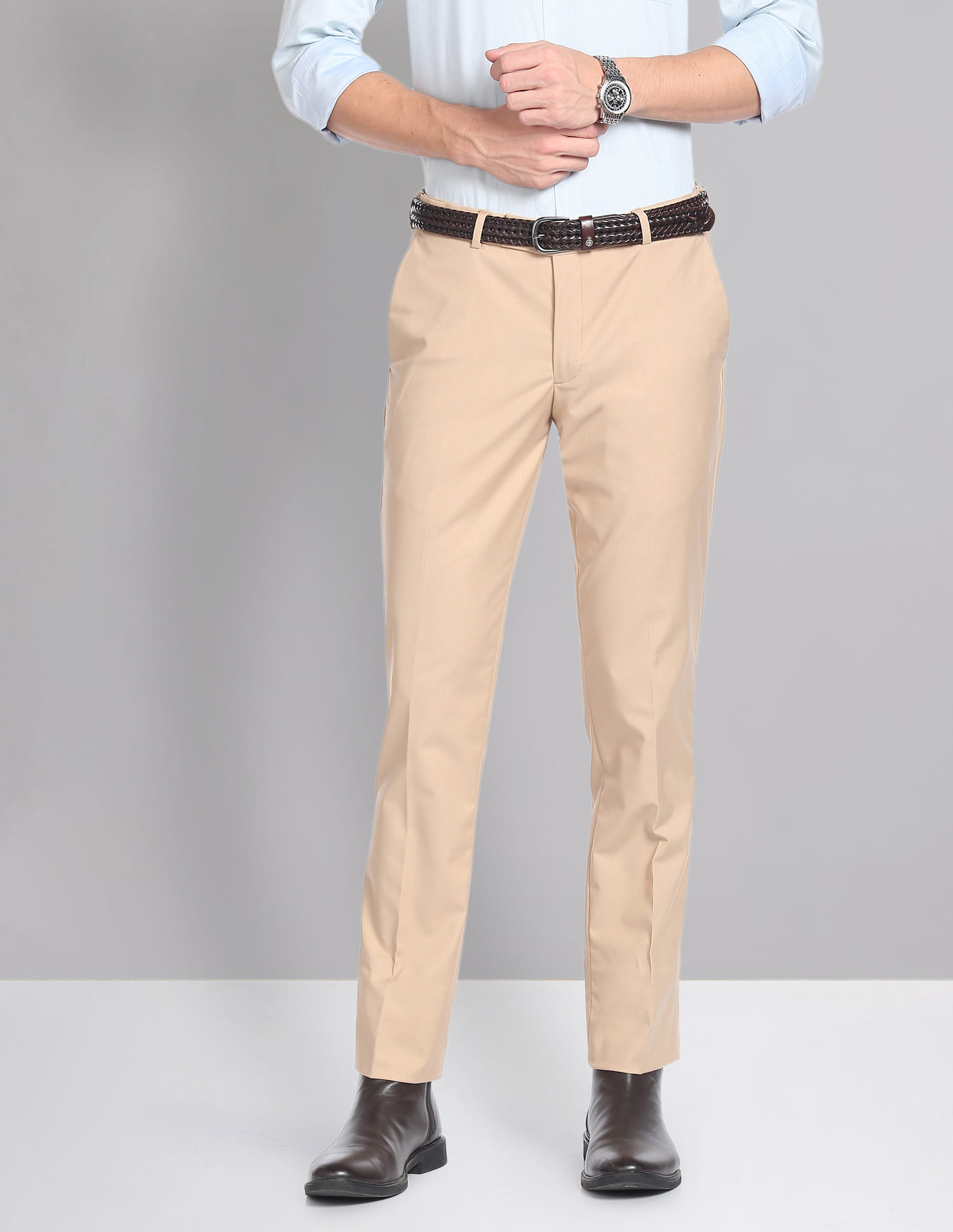 Buy AD by Arvind Twill Solid Autoflex Formal Trousers - Main Image
