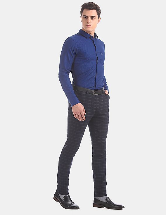 USPA Tailored Men Royal Blue Slim Fit Printed Formal Shirt