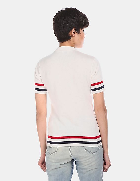 U.S. Polo Assn. Women Off-White Short Sleeve With Ribbed Hems Striped Pique Polo Shirt