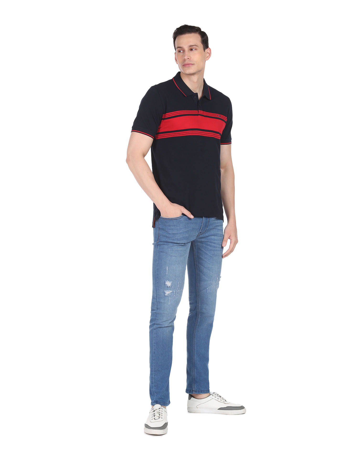 AD by Arvind Cotton Horizontal Stripe Polo Shirt
