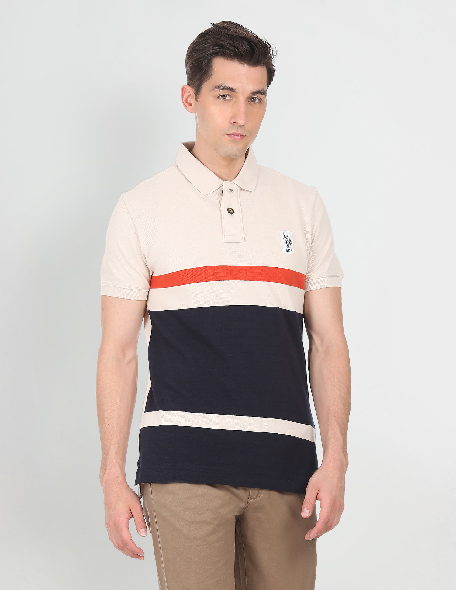 U.S. Polo Assn. Denim Co. Men Beige Pique Colour Block Polo Shirt