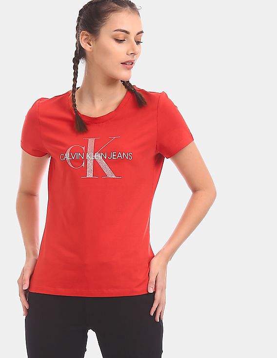 womens red calvin klein t shirt