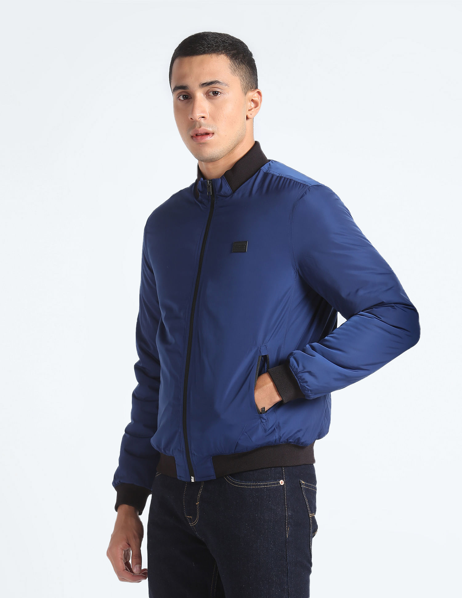 Flying Machine Stand Collar Solid Bomber Jacket