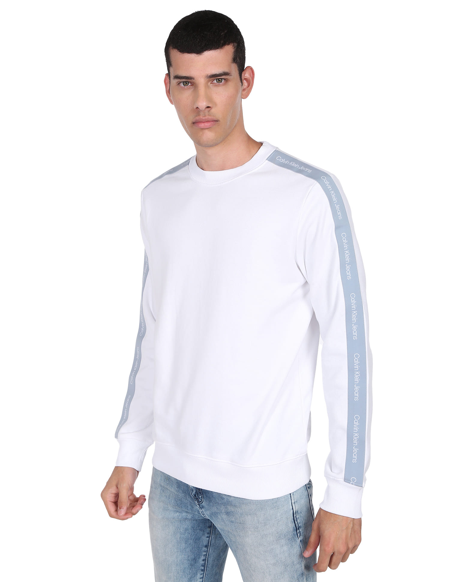 Buy Calvin Klein Men White Cotton Brand Tape Crew Neck Sweatshirt
