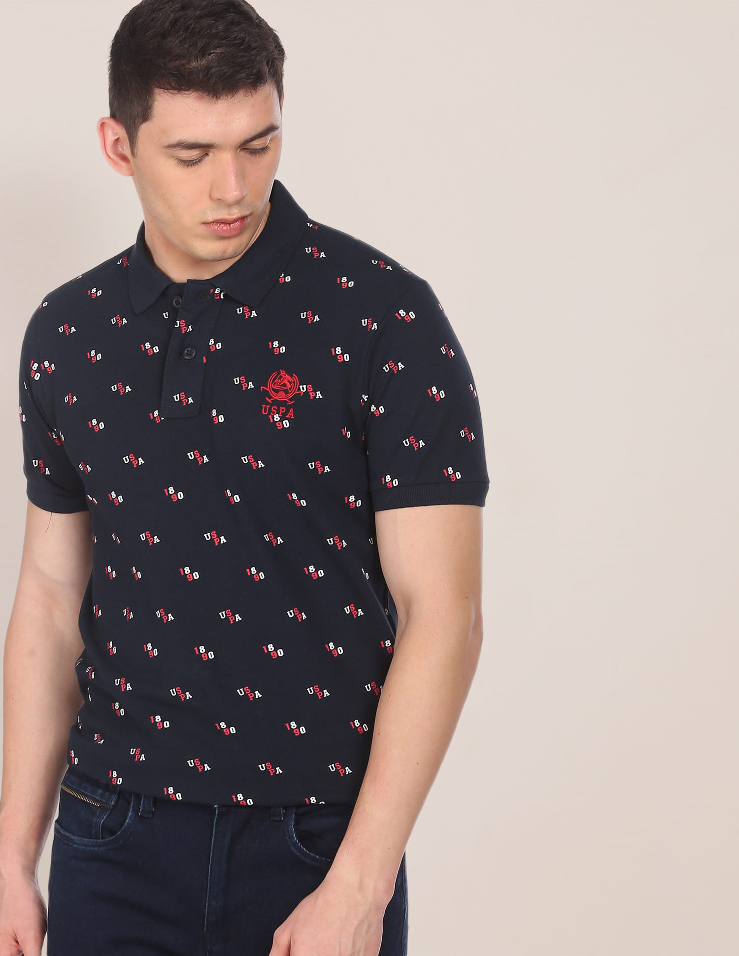Buy Polo Men Navy Brand Print Pique Polo Shirt