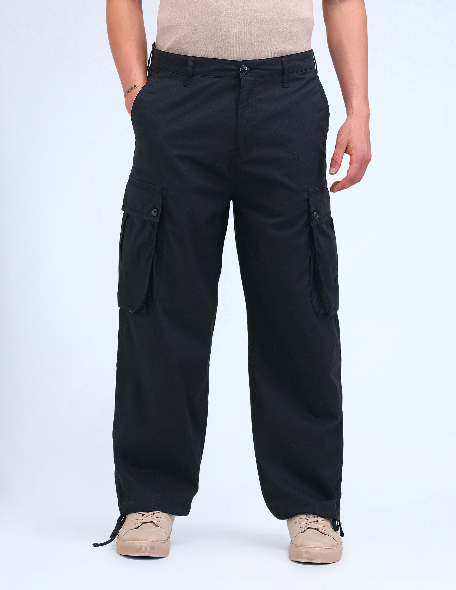 Flying Machine Relaxed Fit Solid Cargo Trousers