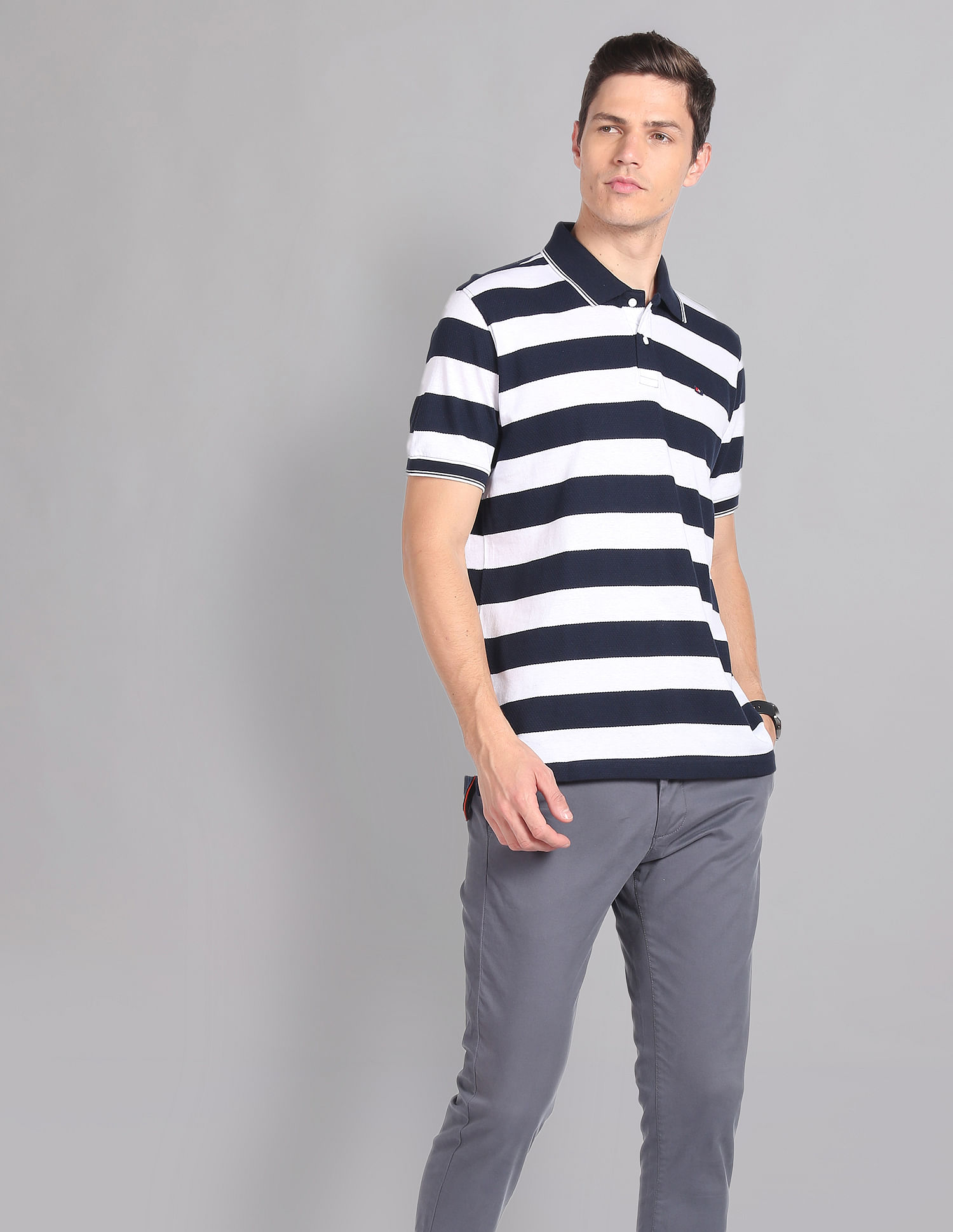 AD by Arvind Horizontal Stripe Moistex Finish Polo Shirt
