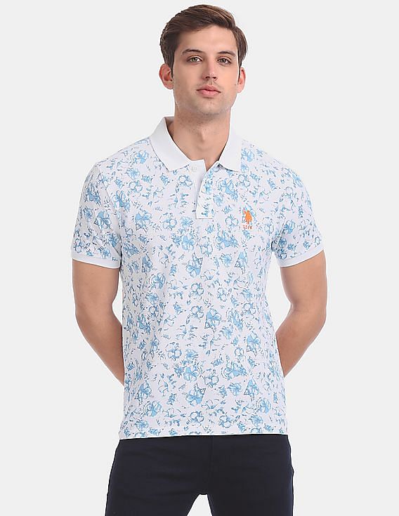 U.S. Polo Assn. White Allover Floral Print Pique Polo Shirt