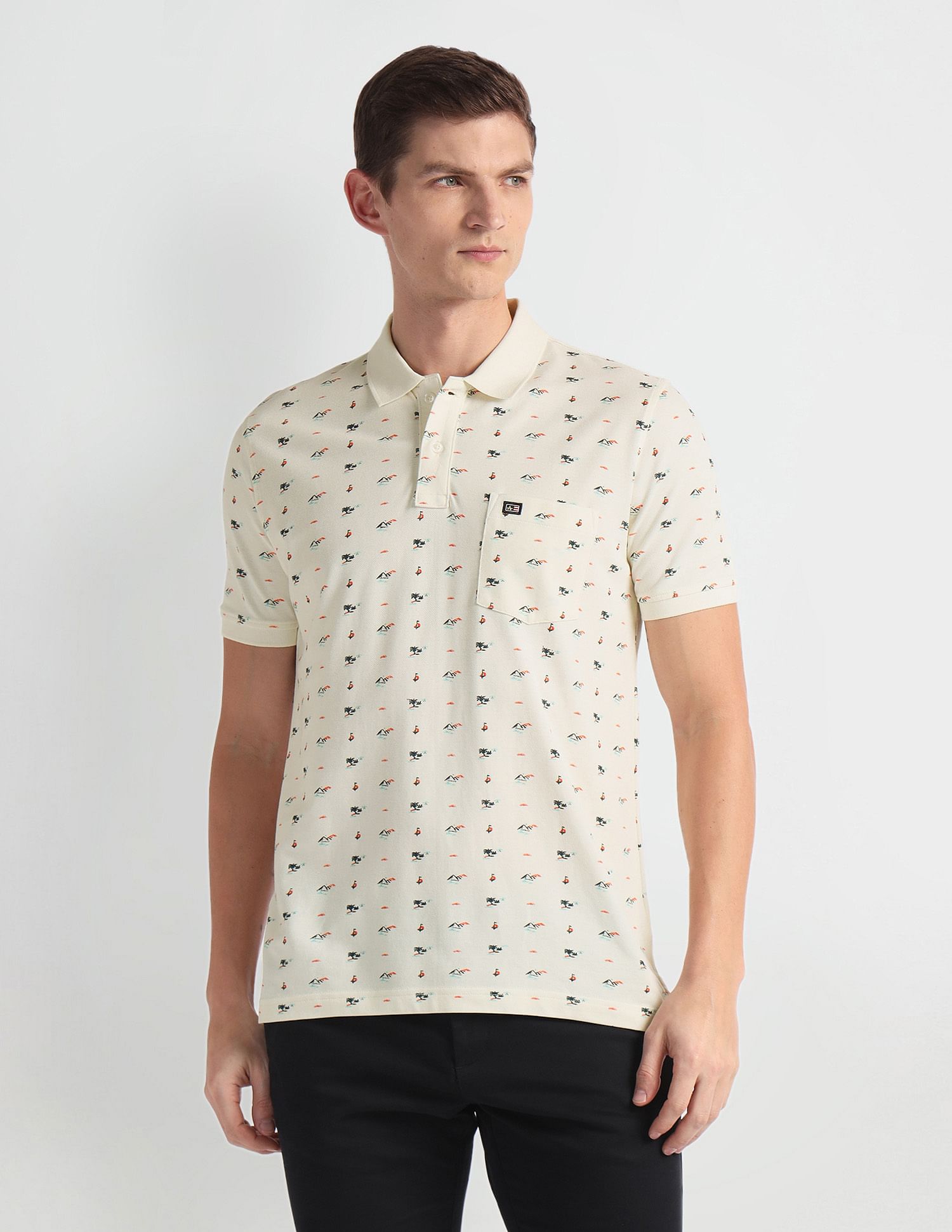 Arrow Sports Ribbed Collar Graphic Print Polo Shirt