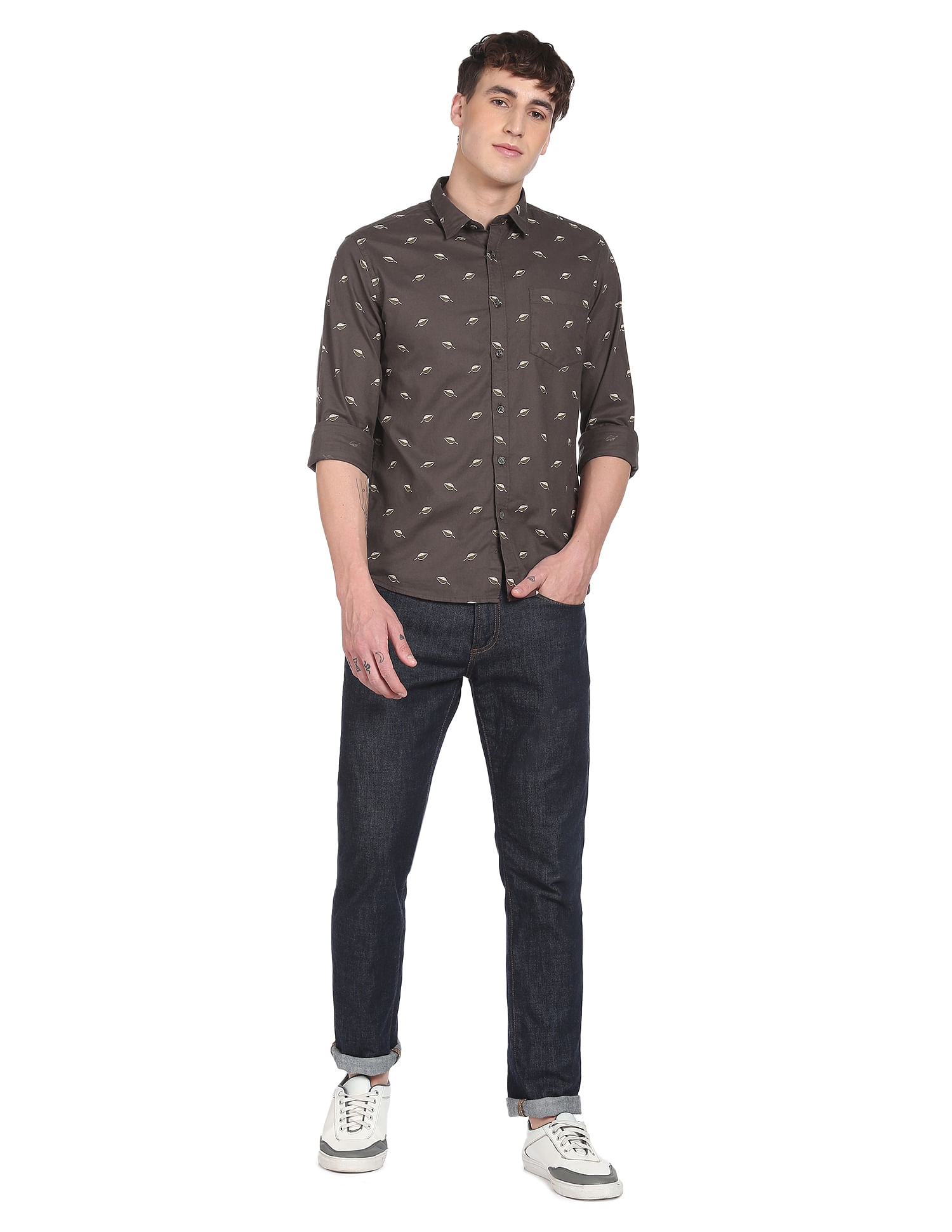 Flying Machine Spread Collar Geometric Print Shirt
