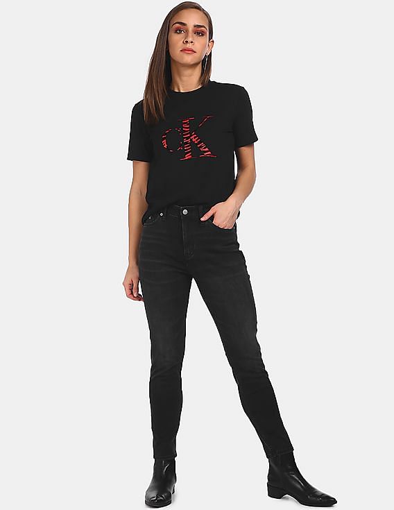 Buy Calvin Klein Women Black Straight Fit Zebra Logo Print T