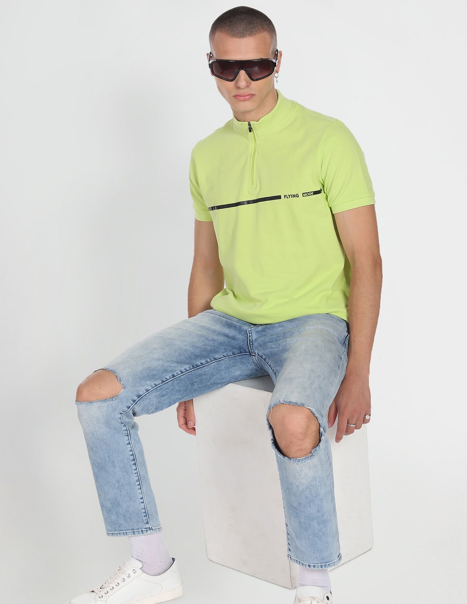 Flying Machine Solid Pique Cotton T-Shirt
