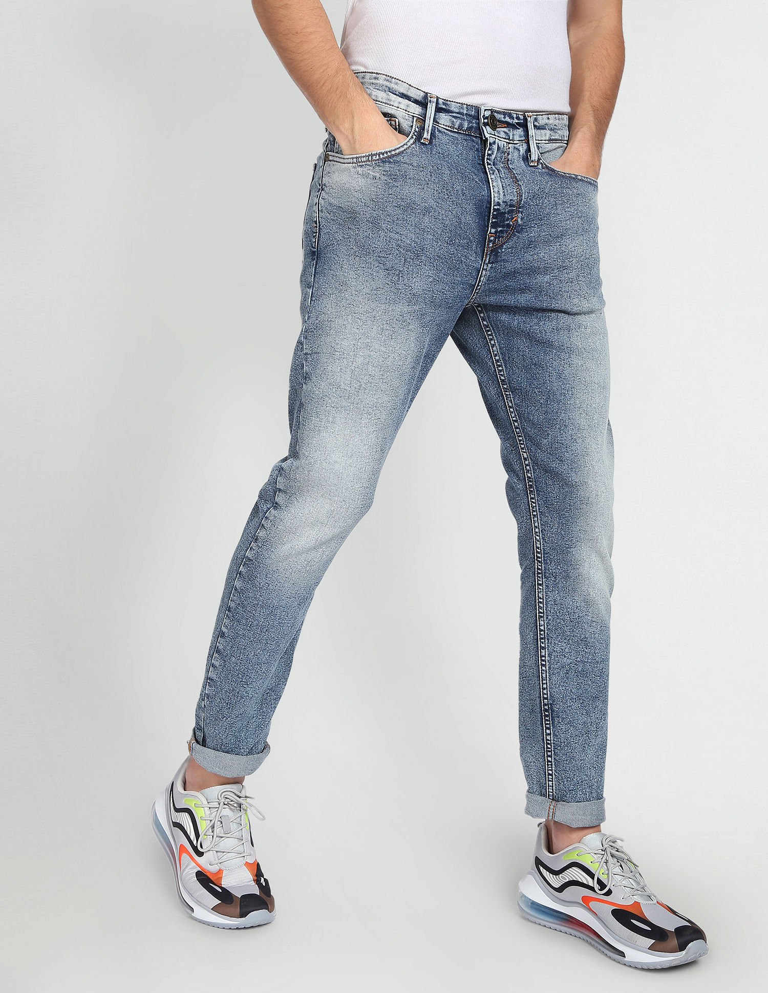 Flying Machine Mid Rise Slash Slim Tapered Jeans