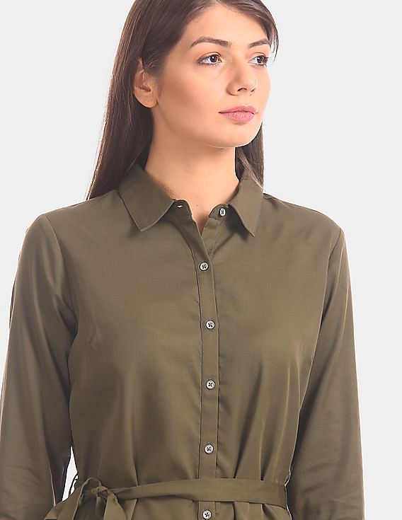 U.S. Polo Assn. Women Green Tie Up Waist Shirt Dress