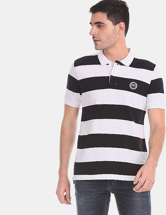 mens black and white striped polo shirt