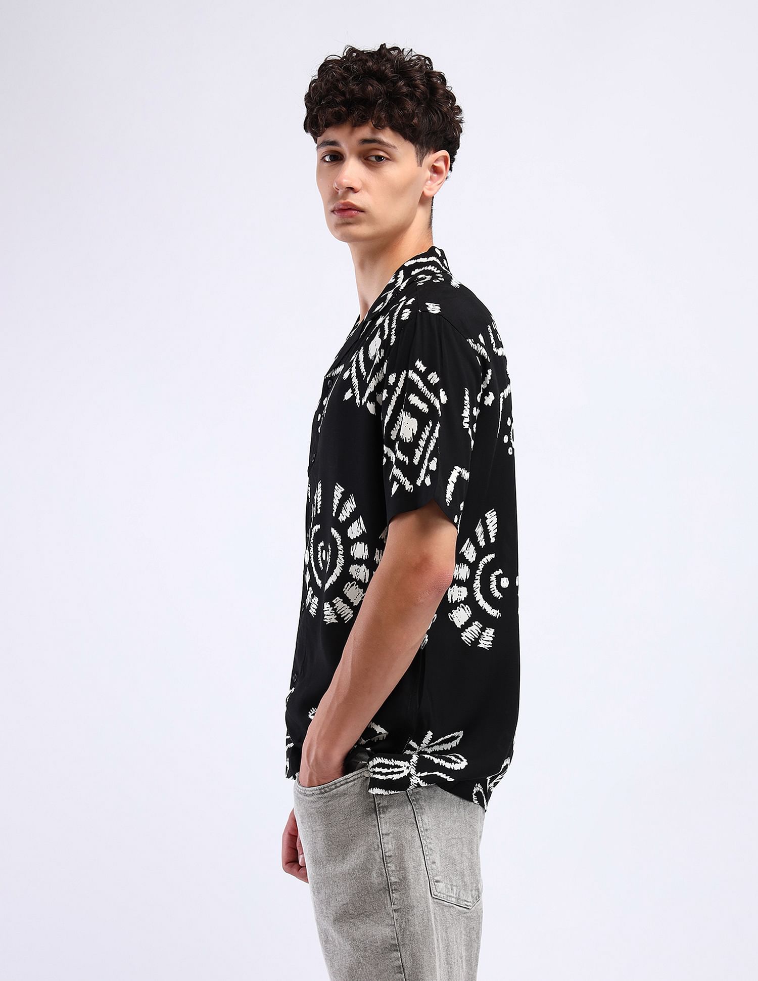 Flying Machine Cuban Collar All-Over Print Shirt