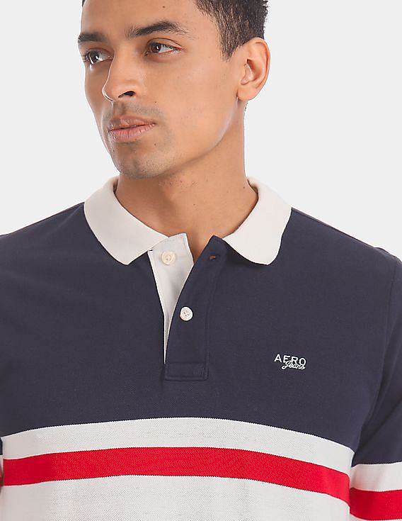 Aeropostale Navy And White Long Sleeve Colour Block Polo Shirt