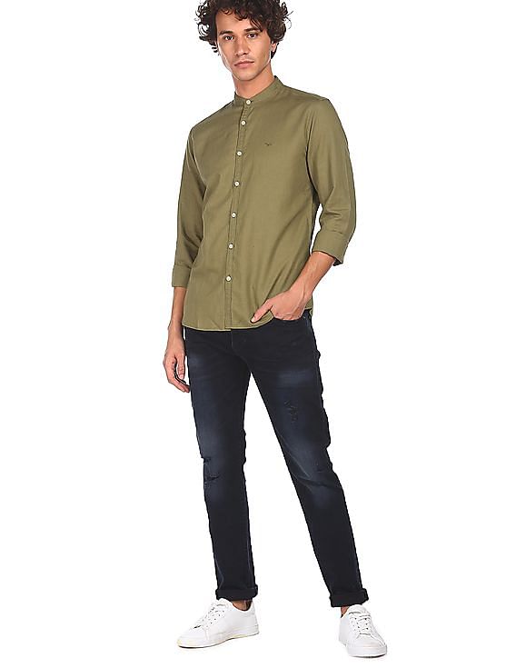 Flying Machine Mandarin Collar Solid Casual Shirt