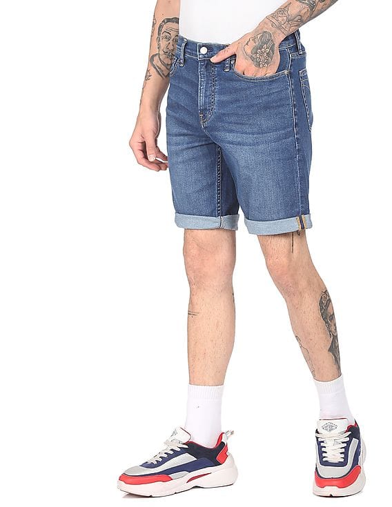 Buy Calvin Klein Men Blue Mid Rise Slim Fit Washed Denim Shorts