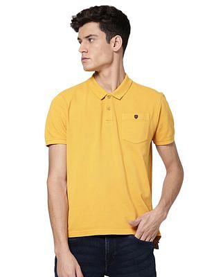 Ad By Arvind Men Golden Yellow Cotton Solid Polo Shirt