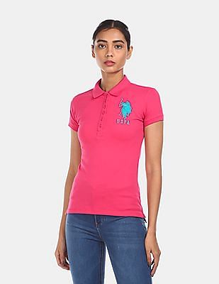 Buy . Polo Assn. Women Pink Solid Cotton Stretch Polo Shirt 