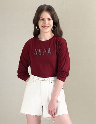 U S Polo Assn Women Pure Cotton Embellished T-Shirt