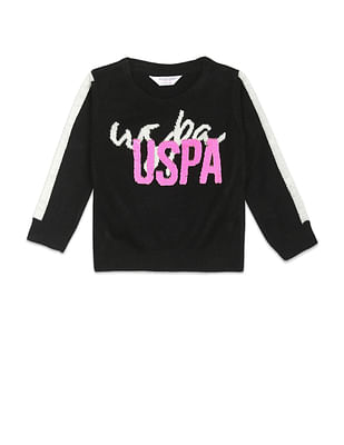 U S Polo Assn Kids Crew Neck Patterned Knit Flip Sequin Sweater