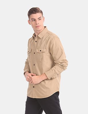 Buy GAP Men Beige Spread Collar Flap Pocket Cotton Twill Casual